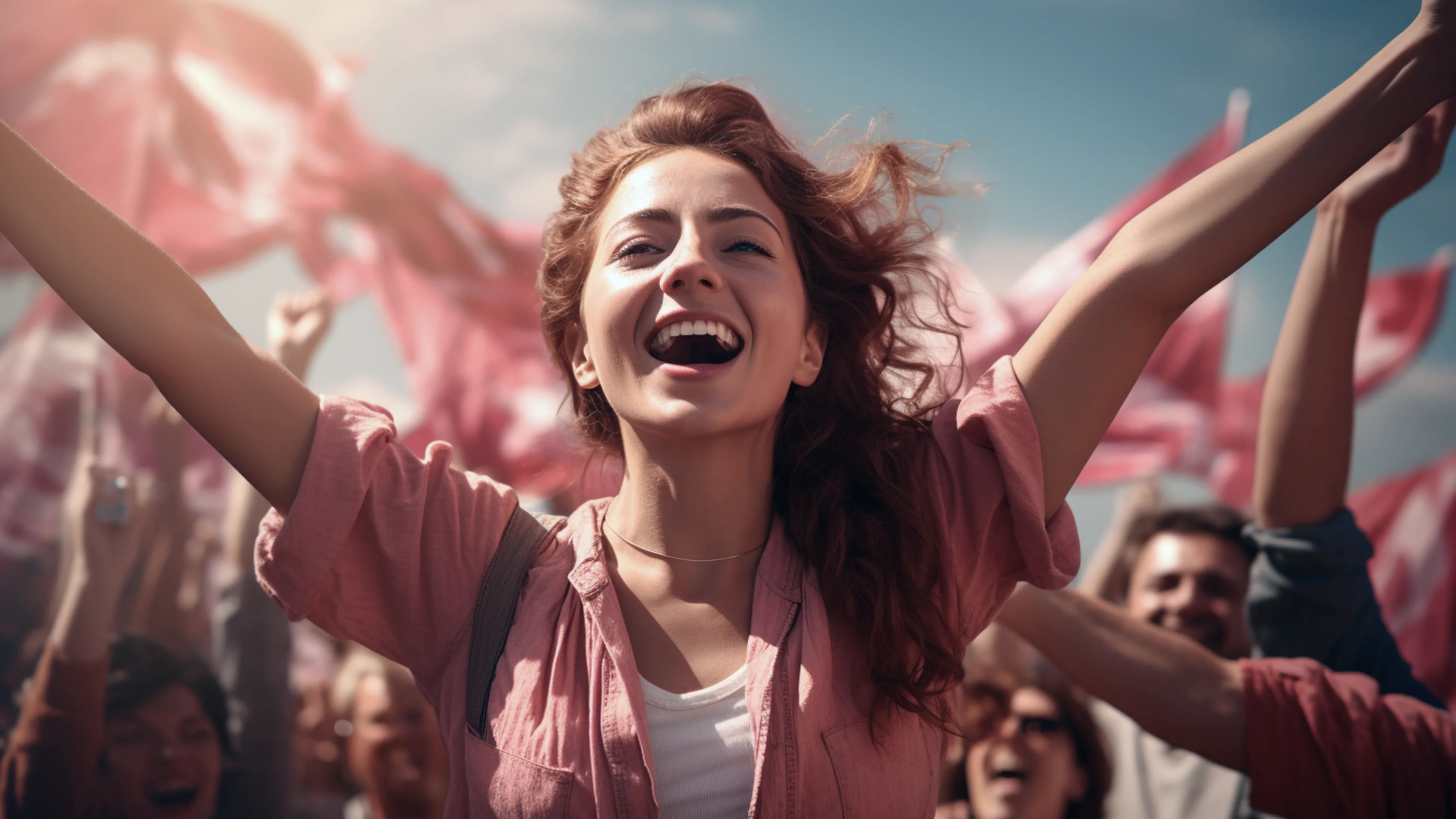 WomanLaughing_CrowdCelebratingWithFlags