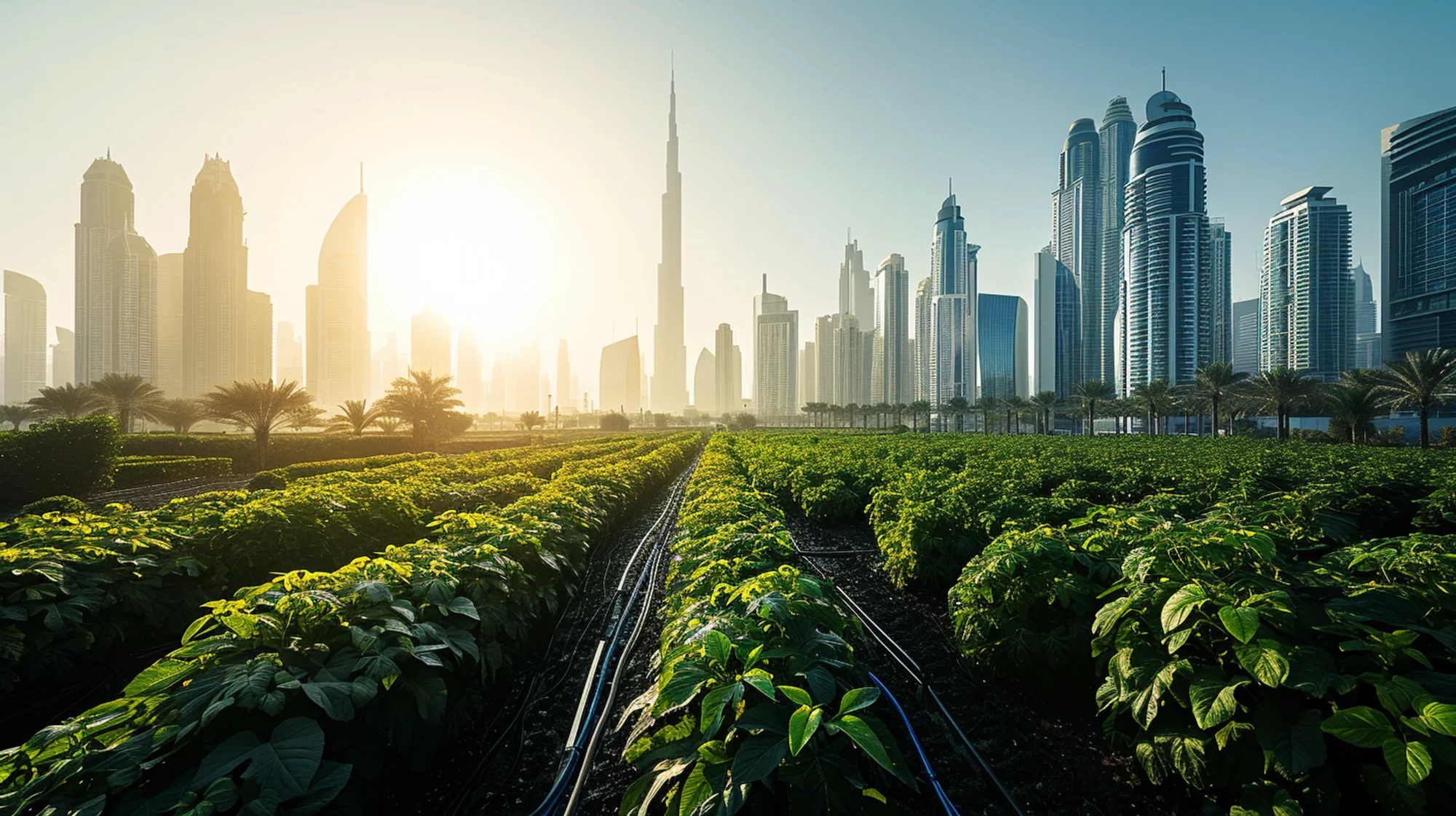 Garden with numerous bushes and trees against the backdrop of a large metropolis